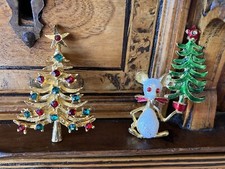 !  Christmas Tree & Mouse Couple Brooch Spille di Natale Vintage