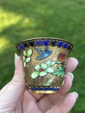 Ciotola cloisonné in miniatura dipinta a mano smalto fiori e dettagli uccellini  