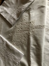 Antico lenzuolo matrimoniale e federe ricamo a mano a punto Ago