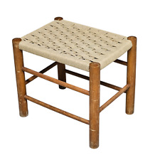 Antico SGABELLO PANCHETTO in Legno di Faggio e seduta in Corda intrecciata 1960