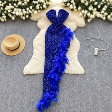 Vestito Abito Elegante Lungo Blu Raso Fascia Strass Corpetto Sirena 35676