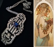 MAGNIFICA COLLANA-SPILLA ART DECO' CIONDOLO cm.7 ZAFFIRI, BRILLANTI, ARGENTO/ORO