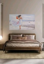 QUADRO MODERNO DIPINTO A MANO OLIO SU TELA IMMAGINE DONNA IN SPIAGGIA 
