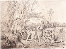 ANTICA STAMPA VINTAGE RAGAZZA CHE SUONA STRUMENTO A FIATO IN CAMPAGNA