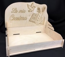 VASSOIO CESTO LEGNO PORTA BOMBONIERE CONFETTATA INCISO LASER LA MIA CRESIMA