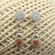 Antichi Orecchini A Goccia Corallo di Sardegna Rosso Argento 925 Oro Bianco 18kt