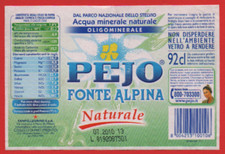 ETICHETTA ACQUA MINERALE NATURALE PEJO FONTE ALPINA N°02 COGOLO TRENTO  92cl