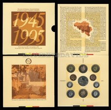 BELGIO 1995 SERIE DIVISIONALE 10 MONETE FRANCHI + MEDAGLIA - 50 ANNI FINE GUERRA