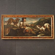 Dipinto lombardo olio su tela pastore con cani quadro XVII secolo cornice 600