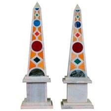 12" White Marble Obelisks Set