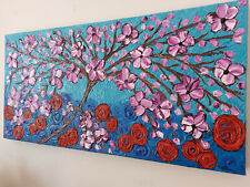 QUADRO MODERNO DIPINTO A MANO ALBERO DELLA VITA FIORI LILLA 40x80x4 RIF221