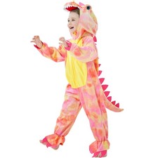 Costume dinosauro T-Rex per bambini pagliaccetto con cappuccio tuta abito fantasia S/100, rosa