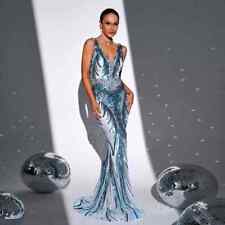 Vestito Abito Elegante Lungo Blu Strass Morbido Sirena Sera Evento 20062