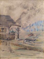 Cesare Andreoni Paesaggio Alpino Disegno Matita Pastelli firmato e datato 1952