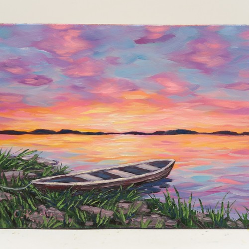 Quadro barca lago tramonto