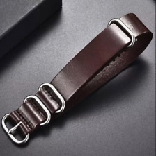 CINTURINO OROLOGIO ZULU NATO ANSA 24 MM MARRONE VERA PELLE E ACCIAIO BRACCIALE @