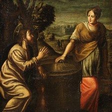 Antico dipinto Cristo e la Samaritana al pozzo quadro religioso XVII secolo