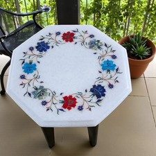 Tavolino da caffè e fine intarsiato marmo bianco ottagonale 15" floreale multi pietra preziosa arte
