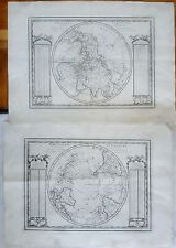2 stampe antiche mappe mondo polo nord sud Cassini 1789 emisfero acquaforte