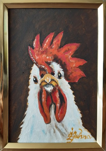 Gallo bianco dipinto olio - dipinto,