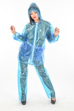 Unisex PVC Tuta da Pioggia Due Parti Blu Limpido