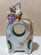 Antica Cornice Orologio Porcellana Biscuit Art Nouveau Figura Femminile Vintage 