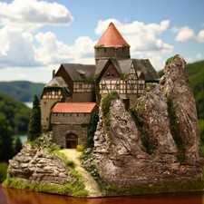 Diorama H0/TT 1:100 castello Lauterstein + luce montagna granito rocce verde #patinato