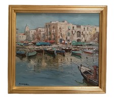 Raffaele Tozzi ( Scuola Napoletana XX Secolo) Marina, dipinto olio su masonite.