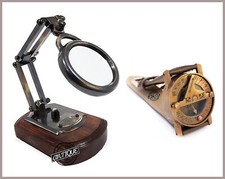 Antica lente di ingrandimento da scrivania in ottone e orologio da polso vintage meridiana bussola