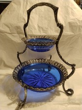  Porta Frutta Alzatina in Argento 800 con piattini vetro Blu Cobalto