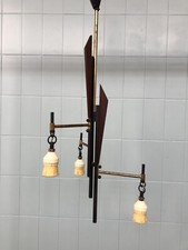 Lampadario vintage anni 50 in ottone, metallo e teak