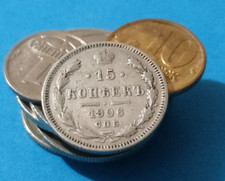 LOTTO RUSSIA  N. 9  MONETE URSS RUSSE  CON 15 COPECHI DEL 1906 IN ARGENTO