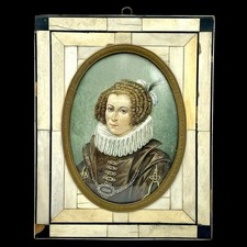 Antica celluloide in miniatura dipinta 1845 Maria Regina di Scozia ? Insegna Artista Cornice