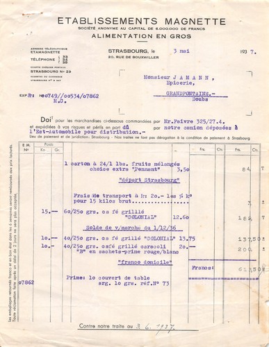 Facture 1937 etab - etab, a