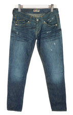 Jeans Donna W28 Slim Fit Strappati Distressed Con Whiskers Blu Sbiadito