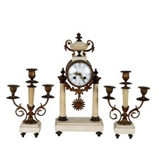 Trittico Antico Orologio in Bronzo e Marmo Bianco Francia XIX Secolo