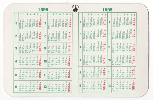 Rolex 1995 1996 calendar - rolex,