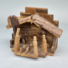 PRESEPE VINTAGE NATIVITA IN LEGNO PUPI INTAGLIATO TETTO CORTECCIA