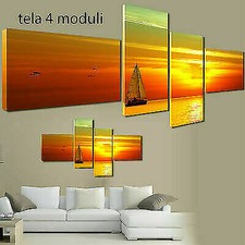 QUADRI MODERNI TELA 170X70 4PZ  TRAMONTO ESTATE BARCA MARE PAESAGGIO ALBA ISOLA