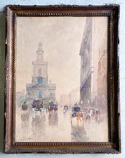 ANTICO ACQUERELLO Paolo Sala VEDUTA St. Mary LONDON STREET RAINY DAY  '800