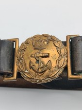 VINGTAGE ROYAL NAVY OFFICERS QUEENS CROWN BRASS BUCKLE & LEATHER BELT 38 INCHES
