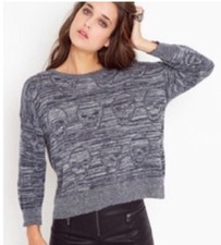 Brandy Melville Maglione Corto Teschio Taglia Unica Girocollo Grigio Nero OSFM
