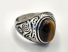 DI TIGRE Occhio Anello Sigillo Floreale Vintage Pietra Acciaio Inox per Uomo Da