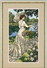 SCHEMA A PUNTO CROCE DONNA CON OMBRELLO A SUMMER STROLL DMC CROSS STITCH PATTERN