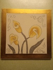 Quadro Dipinto Calle Panna Oro Su Tela Cornice Foglia Oro 52x52 CM moderno..