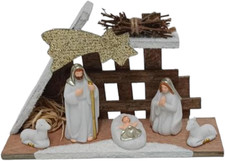 Capanna Natività Bianca Regalo Statuine Miniature in Ceramica 5 Personaggi Prese