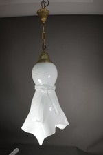 Lampada a sospensione Hollywood Regency bianco vortice vetro di Murano ottone - fiocco nastro