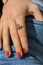 Anello cuore sacro in argento 925  smaltato rosso regolabile