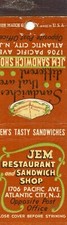 Jem Restaurant and Sandwich Shop, Atlantic City, New Jersey Matchbook