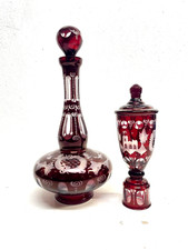 ANTICO DECANTER e VASO con COPERCHIO CRISTALLO BOEMIA ROSSO RUBINO CUT to CLEAR